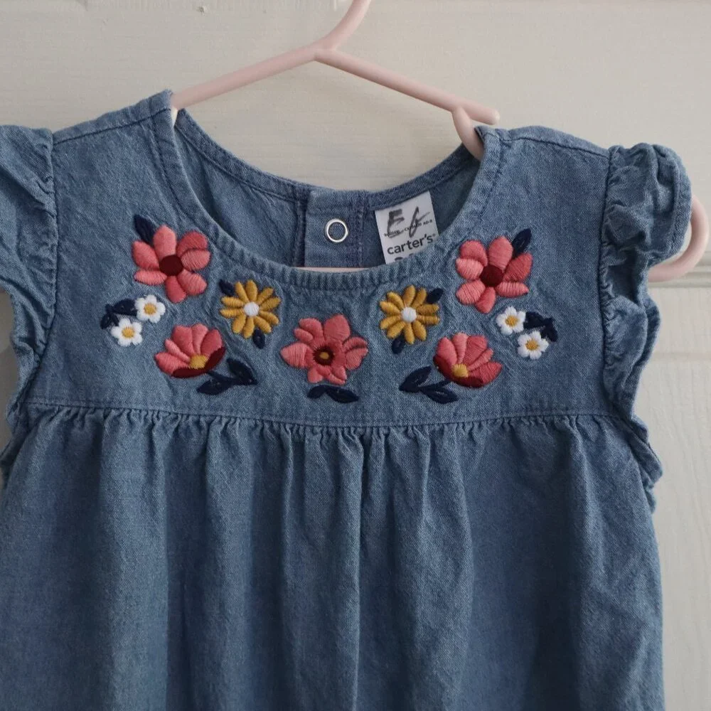 Carters Ruffle sleeve and long pant romper with floral embroidery detail 24m